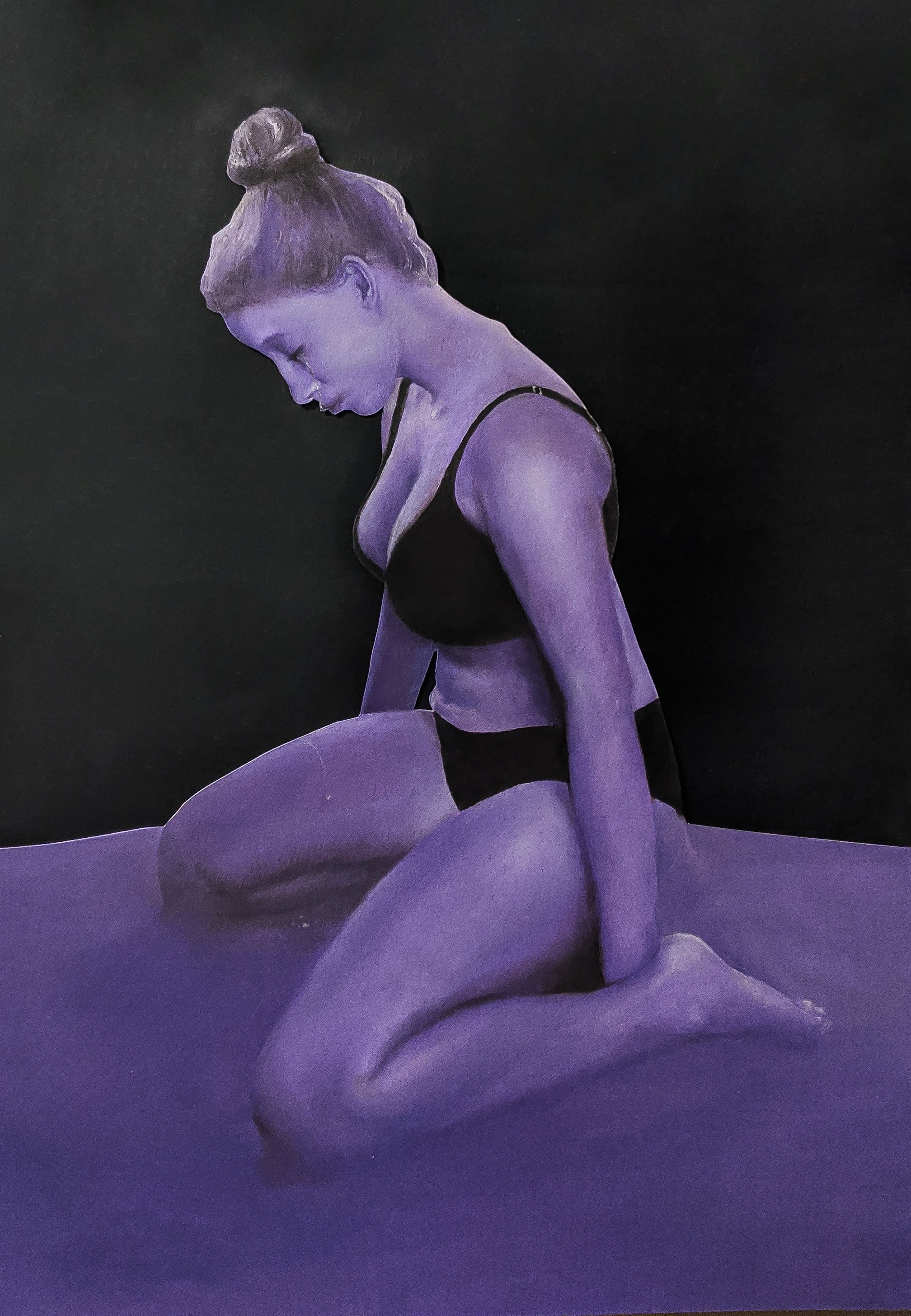 painting of a woman on her knees, purple and black color scheme